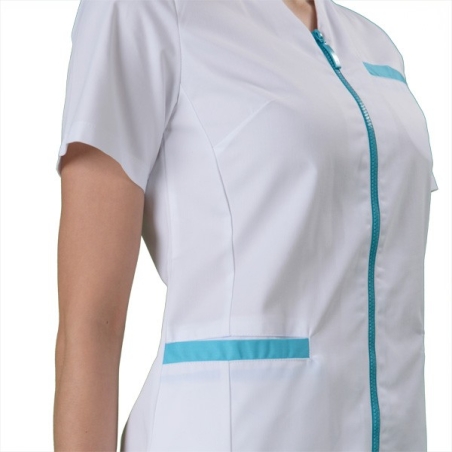 Blouse infirmiere originale Blanche turquoise avec zip