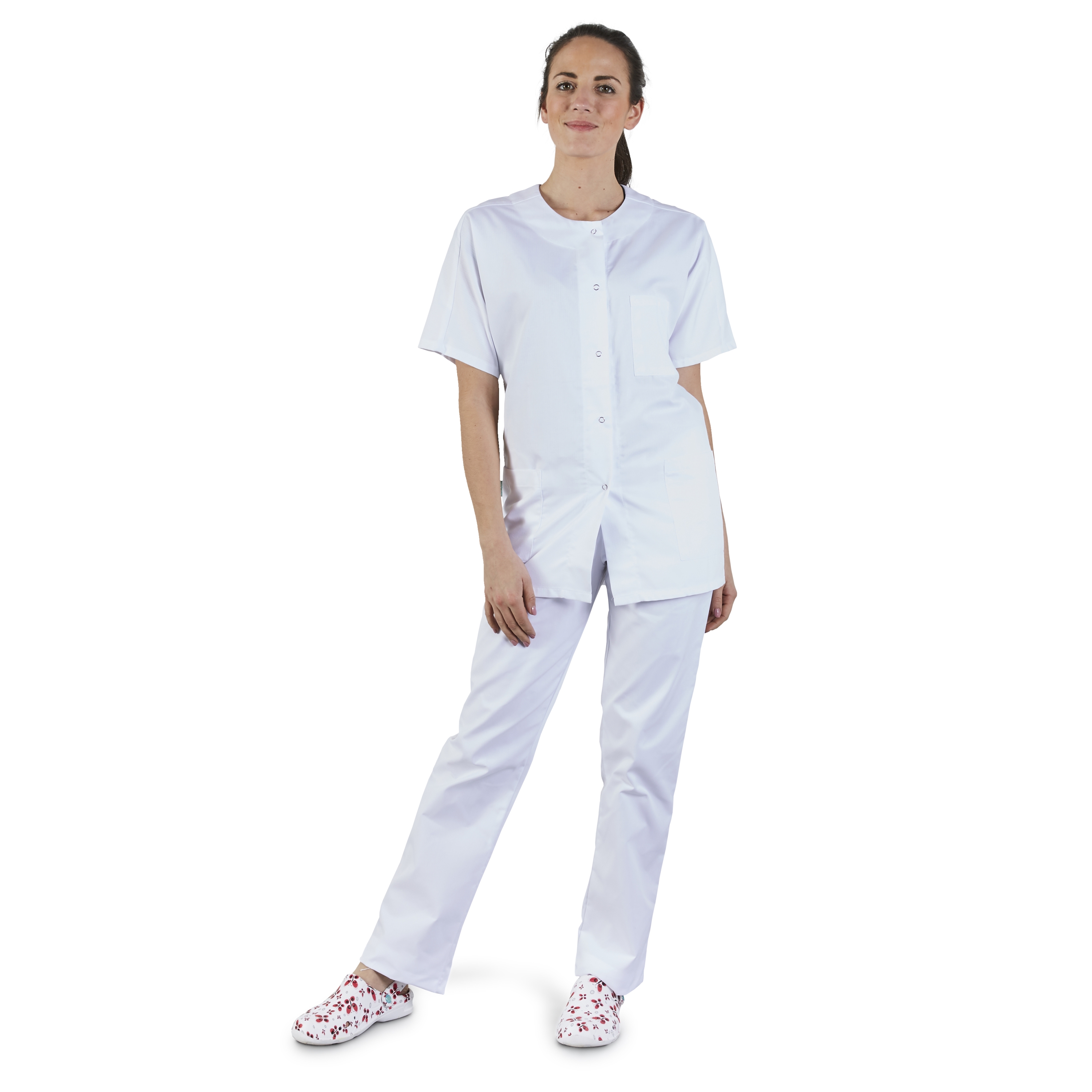 Blouse Tunique Médicale Label – Fermeture Pressions Centrale 3 Poches Sergé 210g Blanc Lavable 90°C
