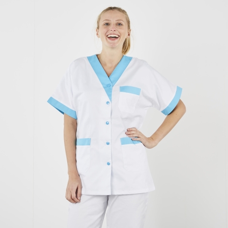Tunique medicale manches longue Blanche femme col poches turquoise