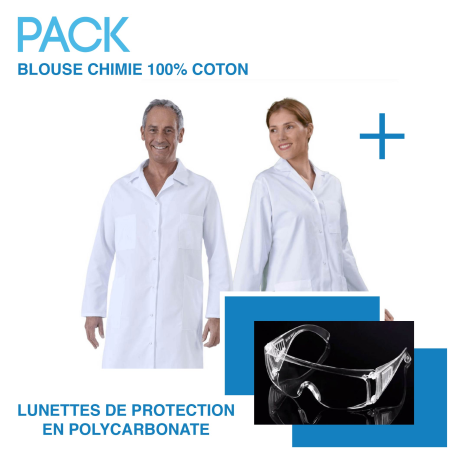 pack chimie lunette de protection et blouse chimie blanche coton