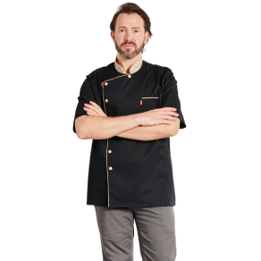 Veste cuisine Noire manches Courtes Homme liseré et presisons Beige