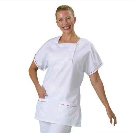 blouse medicale col carre fermeture pressions Blanche lisere de couleurs