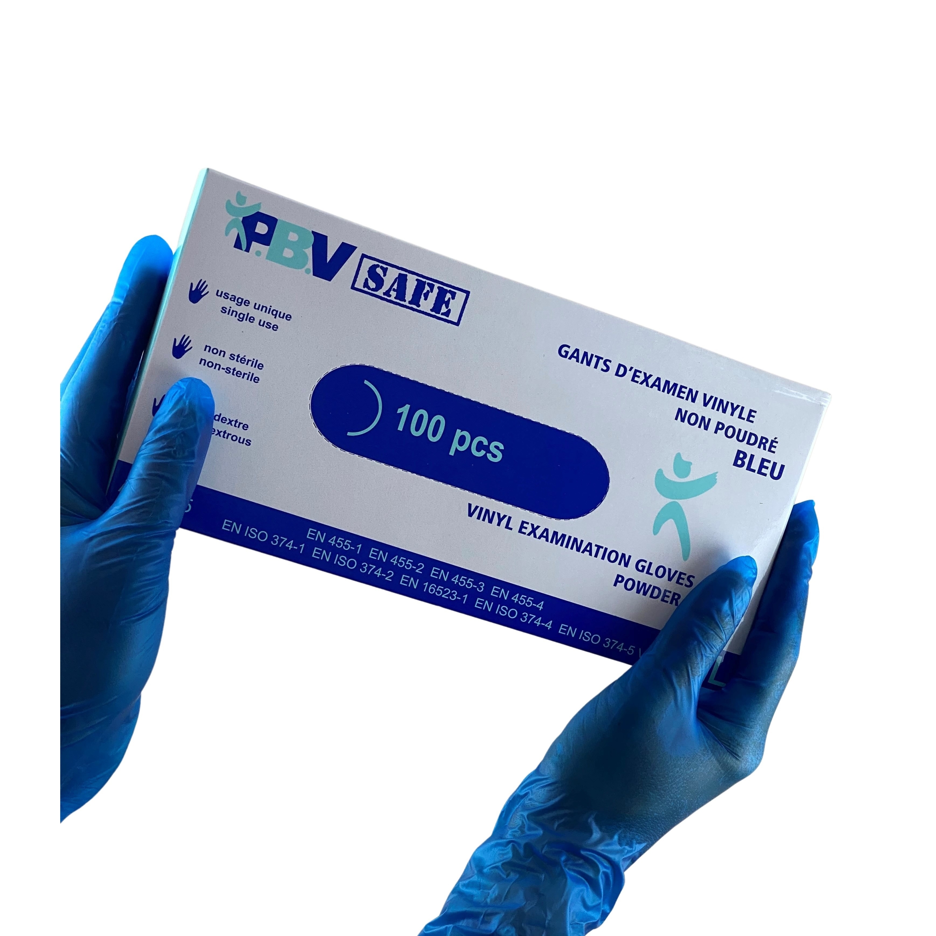 Gants jetables vinyle, taille L, couleur sans poudre, blanc- Paquets 100  gants à 8,50€ Colis 20 paquets (bleu)