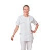Blouse médicale blanche liseré prune Julia portée de face