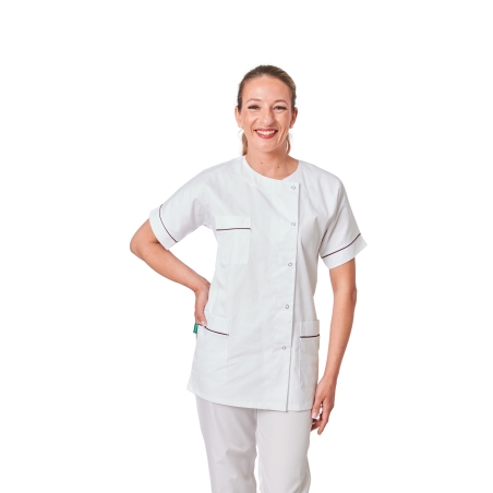Tunique médicale femme blanche liseré prune, col rond et 5 pressions
