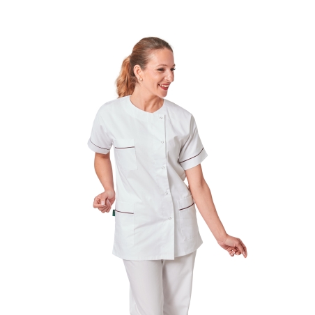 Tunique médicale femme liseré prune vue de profil