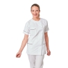 Blouse médicale blanche liseré prune portée en mouvement