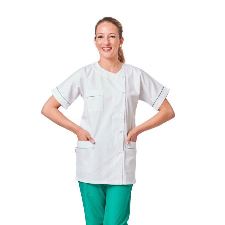 Tunique Médicale Blanc lisere vert 3 poches et manches