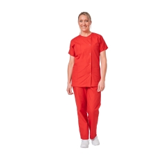 Ensemble médical femme rouge – tunique col rond et pantalon – vue 1