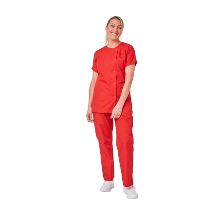 Ensemble médical femme rouge – tunique col rond et pantalon – vue 2