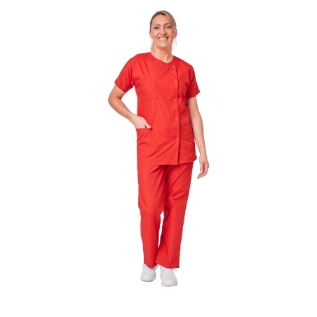 Ensemble médical femme rouge – tunique col rond et pantalon – vue 3