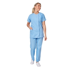Ensemble médical femme bleu ciel – tunique col rond et pantalon – vue 1