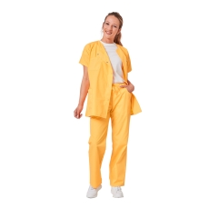 Ensemble médical femme jaune mangue – tunique col rond et pantalon – vue 1