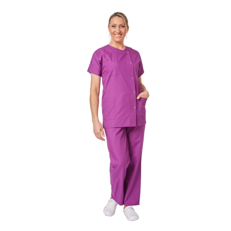 Ensemble médical femme violet foncé – tunique col rond et pantalon – vue 3
