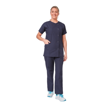 Ensemble médical femme bleu marine – tunique col rond et pantalon – vue 2