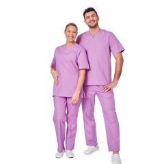 Ensemble médical unisexe lilas – tunique col V et pantalon – vue 1