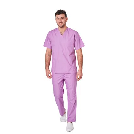 Ensemble médical unisexe lilas – tunique col V et pantalon – vue 4
