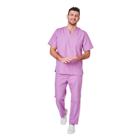 Ensemble médical unisexe lilas – tunique col V et pantalon – vue 5