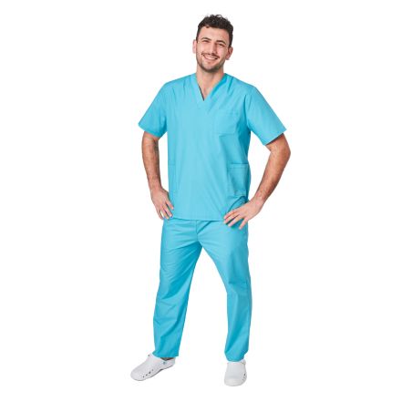 Ensemble médical unisexe turquoise – tunique col V et pantalon – vue 5