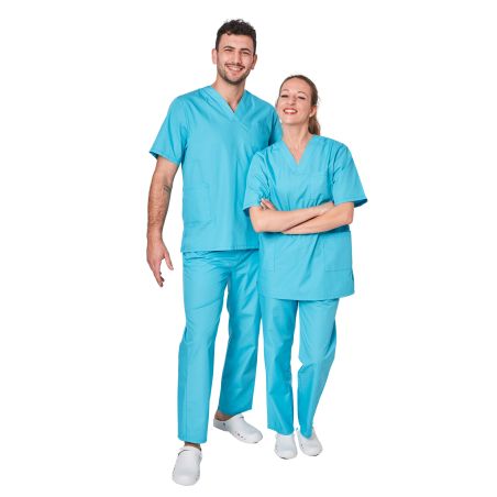 Ensemble médical unisexe turquoise – tunique col V et pantalon – vue 1