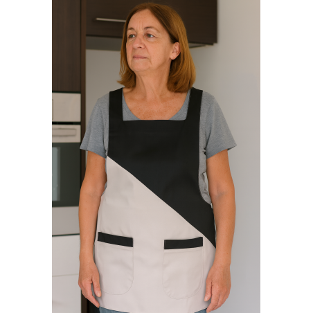 mannequin portant tablier professionnel noir et beige avec poches mannequin portant tablier professionnel noir et beige avec poches