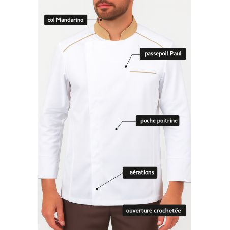 Veste de cuisine homme – col beige contrasté, aérations & poche Veste de cuisine homme – col beige contrasté, aérations & poche