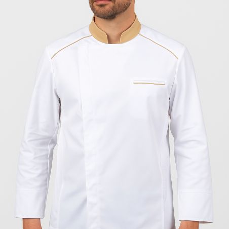 Veste de cuisine homme – col beige contrasté, aérations & poche