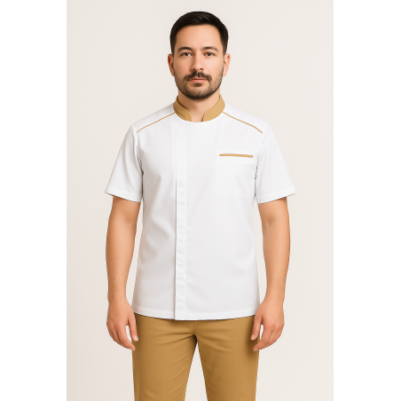 Veste de cuisine homme Manches courtes  – col beige contrasté, aérations & poche