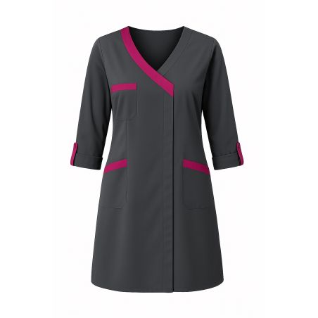 Blouse de travail femme manches transformables – Gris avec finitions fuchsia