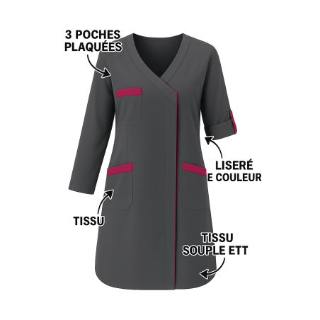Blouse de travail femme manches transformables – Gris avec finitions fuchsia