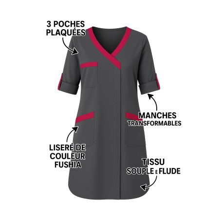 Blouse de travail femme manches transformables – Gris avec finitions fuchsia