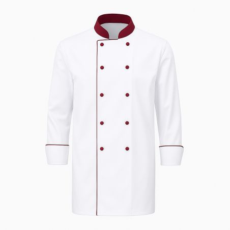 Veste cuisiner Blanche col et presions bordeaux