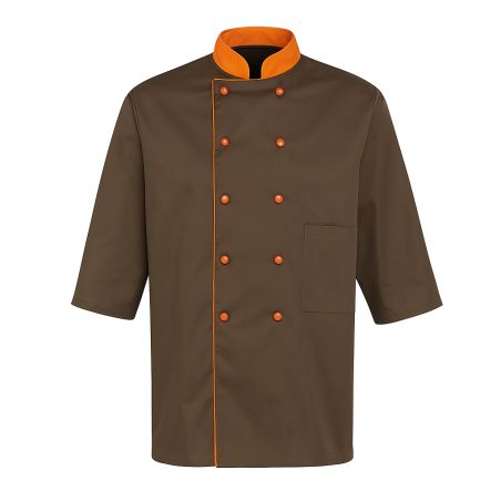 Veste cuisine Manches courtes coloris Marron col officier et pressions Orange