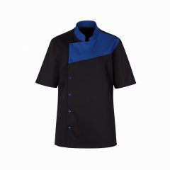 Veste cuisine plastron bleu sur fond noir manches courtes