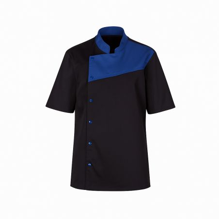 Veste cuisine plastron bleu sur fond noir manches courtes