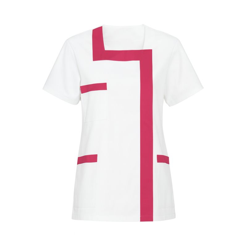 Tunique médicale col carré blanche et fuchsia pour femme
