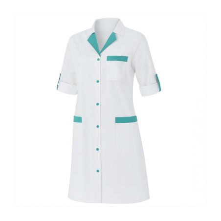 Blouse medicale Industrie couleur Blanche col turquoise manches longues transformables