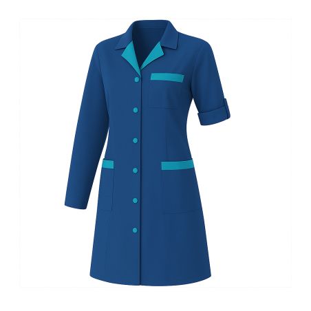 Blouse de travail Bleu manchesongues parement turquoise pressions calotee