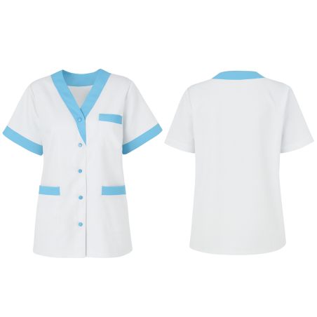 Tunique medicale manches courtes Blanche femme col poches turquoise