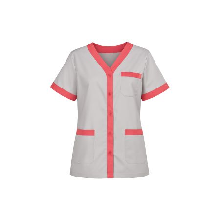 Blouse de travail Tunique Gris et fushia col V parements 3 poches