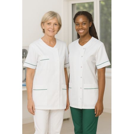 Tunique Médicale Blanc lisere vert 3 poches et manches