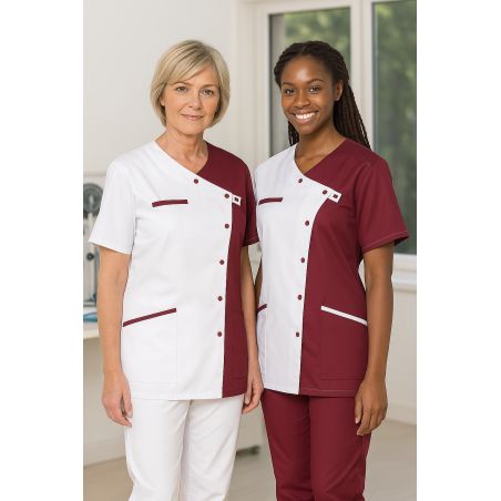 Tunique médicale blanche et bordeaux