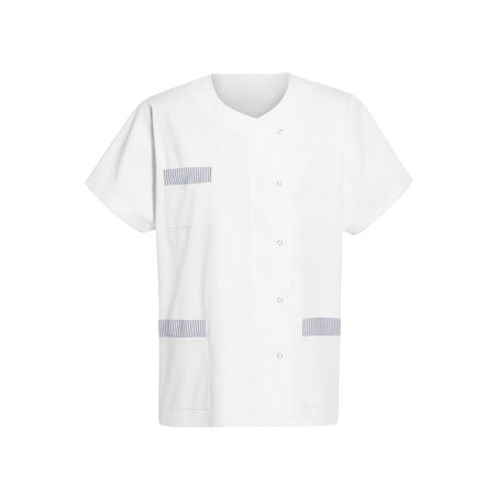 Tunique Médicale parement raye Ciel aux 3 poches sur serge Blanc