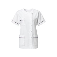 Blouse tunique médicale femme blanche liseré prune Julia, 3 poches