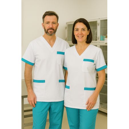 Blouse de travail Américaine Homme Femme Blanche fintion turquoise