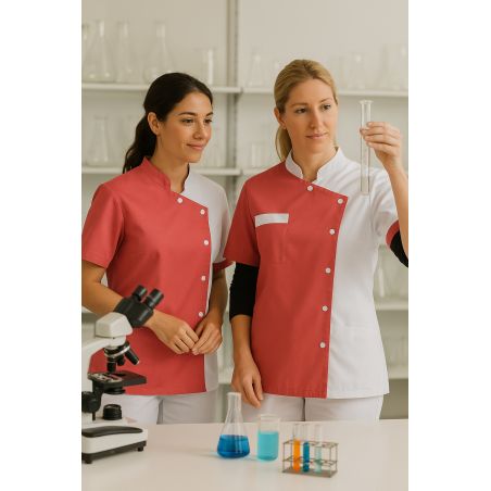 Blouse medicale col mao Blanche et fushia