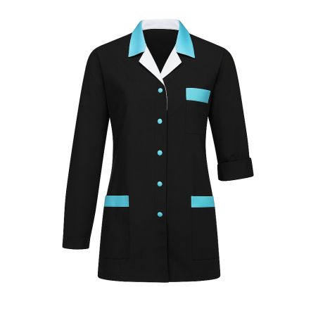 Blouse de travail femme noire col turquoise
