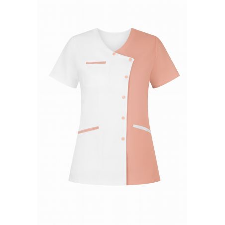 Tunique médicale femme TUN – Bicolore rose poudré et blanc – Boutons pressions – Label Blouse