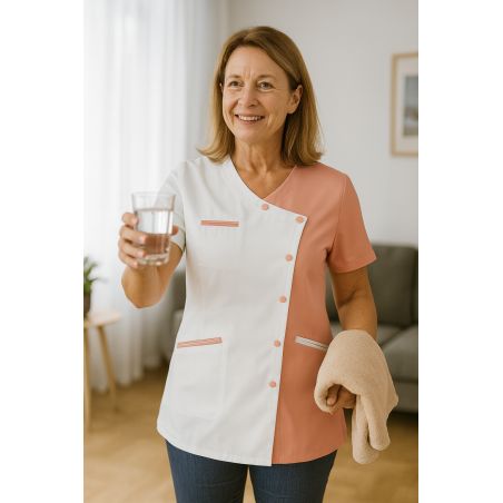 Tunique médicale femme TUN – Bicolore rose poudré et blanc – Boutons pressions – Label Blouse