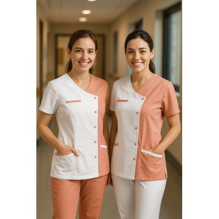 Tunique médicale femme TUN – Bicolore rose poudré et blanc – Boutons pressions – Label Blouse